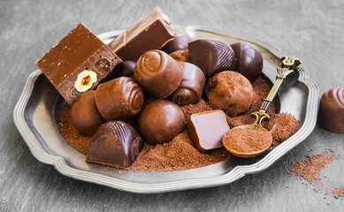 Chocolate pralines assortment in cocoa powder