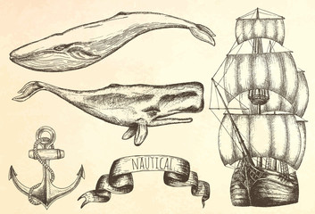 Vintage ship. Items on the marine theme.