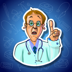 Vector image of astonished doctor with his index finger up