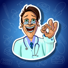 Vector illustration of cheerful doctor showing OK sign