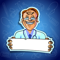 Vector illustration of smiling young doctor with blank poster