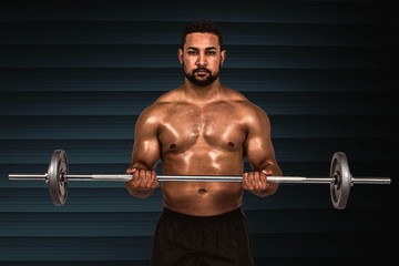 Composite image of muscular man lifting heavy barbell