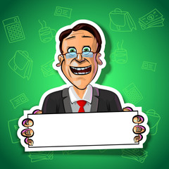 Vector image of cheerful office worker with a blank poster