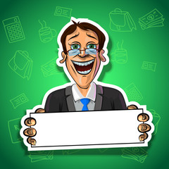 Vector image of laughing office worker with a blank poster
