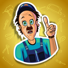 Vector image of astonished workman with his index finger up