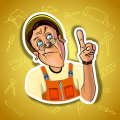 Vector image of thoughtful workman with his index finger up