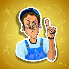 Vector image of serious workman with his index finger up