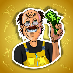 Vector image of smiling workman holding money in his hand
