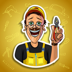 Vector image of cheerful workman with pliers