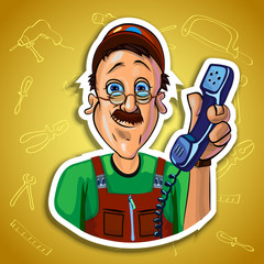 Vector image of smiling workman with a handset