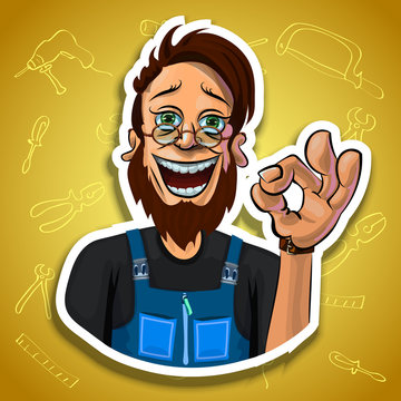 Vector image of cheerful bearded workman showing OK sign