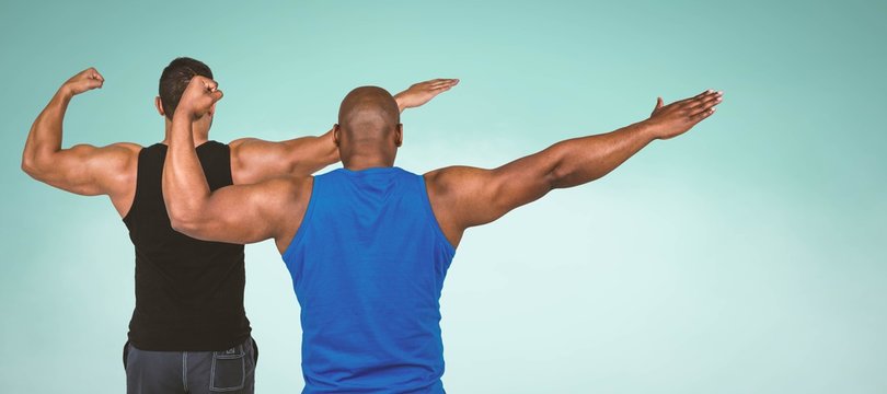 Composite image of strong friends posing with arms out
