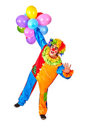 Happy cheerful birthday  male clown holding  bunch of balloons.  Isolated.