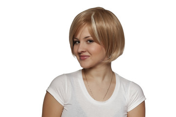 beautiful young woman posing with a short black wig