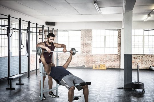 Trainer helping muscular man to lift the dumbell