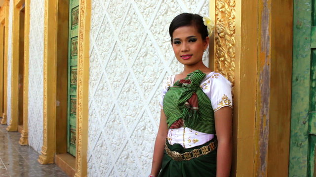 Asian Girl with Traditional Clothes in Temple