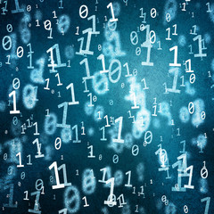 Grunge textured abstract blue and white binary code numbers stream on dark blue color background. Conceptual binary code numbers background.