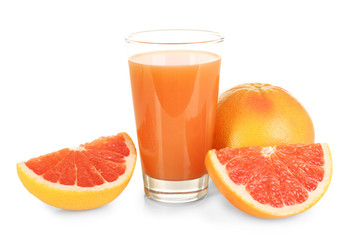 Citrus juice and fresh fruits isolated on white