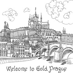 Obraz premium Szkic wektor krajobrazu Pragi z Zamkiem Praskim i Mostem Karola