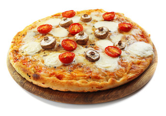 Tasty pizza decorated with mushrooms isolated on white background