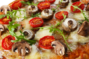 Tasty pizza decorated with mushrooms, close up