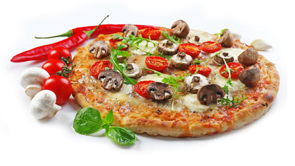 Delicious pizza and vegetables isolated on white background