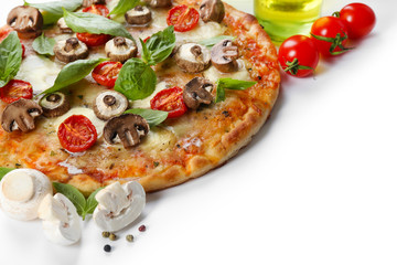 Delicious pizza and vegetables on white background, close up