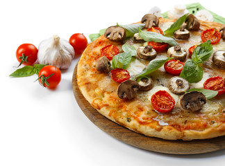 Delicious pizza and fresh vegetables on white background, close up