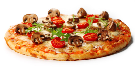 Tasty pizza with mushrooms and tomatoes isolated on white background