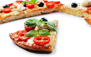 Slices of delicious pizza with vegetables on white background, close up