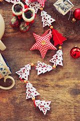 Christmas decorations on wooden background, close up