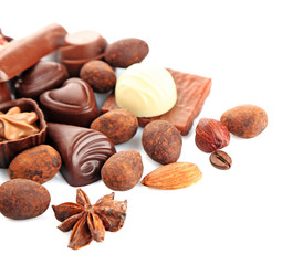 Assorted chocolate candies, isolated on white