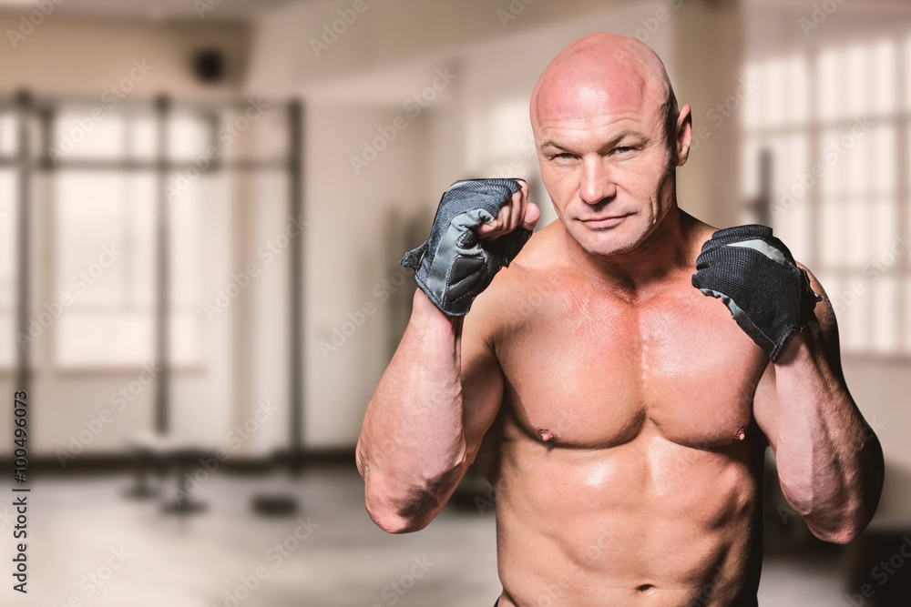 Poster composite image of portrait of fighter with gloves