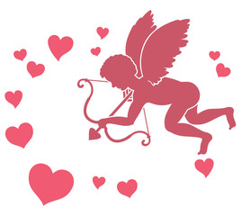 Silhouette of a cupid and hearts. 
