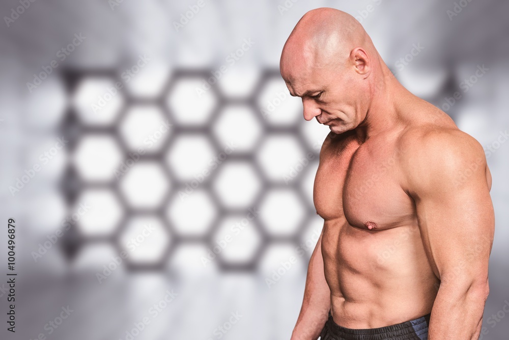 Poster composite image of side view of sad bald man looking down