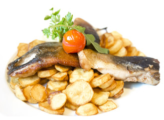 Fried carp fillet with fried potatoes - isolated on white