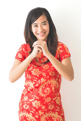 happy Chinese new year. Asian woman wearing red dress