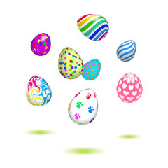 Colorful Easter eggs floating and falling on the ground white ba