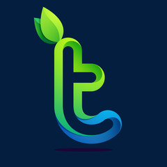 T letter with green leaves and water waves.