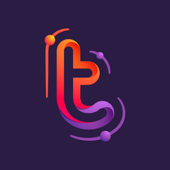 T letter one line with atoms orbits colorful logo