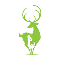 Deer with fawn silhouette logo. Vector object.