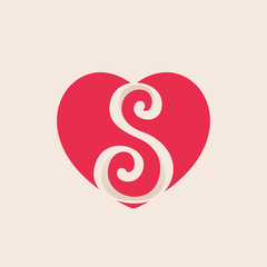 S letter inside heart for st. Valentine's day design.