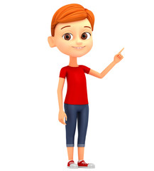 Boy isolated on white background finger points to an empty space