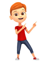 Boy isolated on a white background pointing finger at empty spac