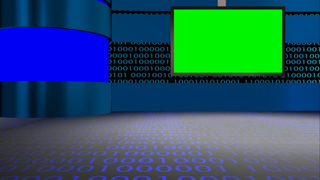 Animated chroma key green shiny virtual set from all camera angles close up wide side standing long siting up down single double anchor for technology science news space based broadcasting programs