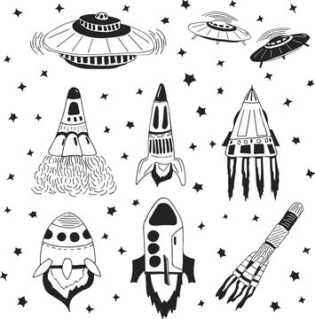 Set of hand drawn rockets. Space shuttle. UFO