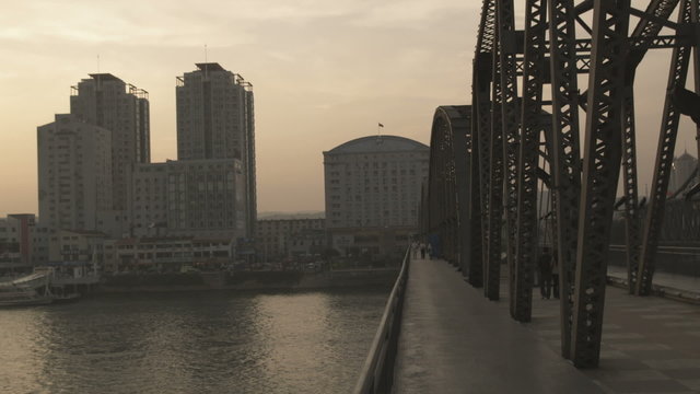Shot of the "Broken Bridge" between China and North Korea.
