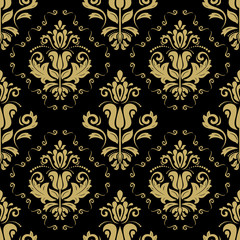 Damask seamless black and yellow ornament. Traditional vector pattern. Classic oriental background