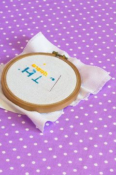 The embroidery hoop with canvas print, the needle, child to learn to embroider 