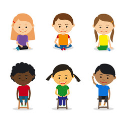 Little kids sitting on the ground and kids sitting on chairs. Vector illustration
